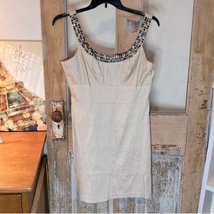 BISOU BISOU MICHELLE Bohbot Cotton Dress Tan w/ beading neckline ➡️20.5”⬇️35”